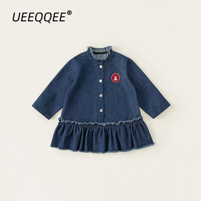 

Spring Autumn Children Dresses 1-10Y Girls Denim Cartoon Casual Long Sleeve Princess Dress Korean Toddler Wear For Kids Clothing