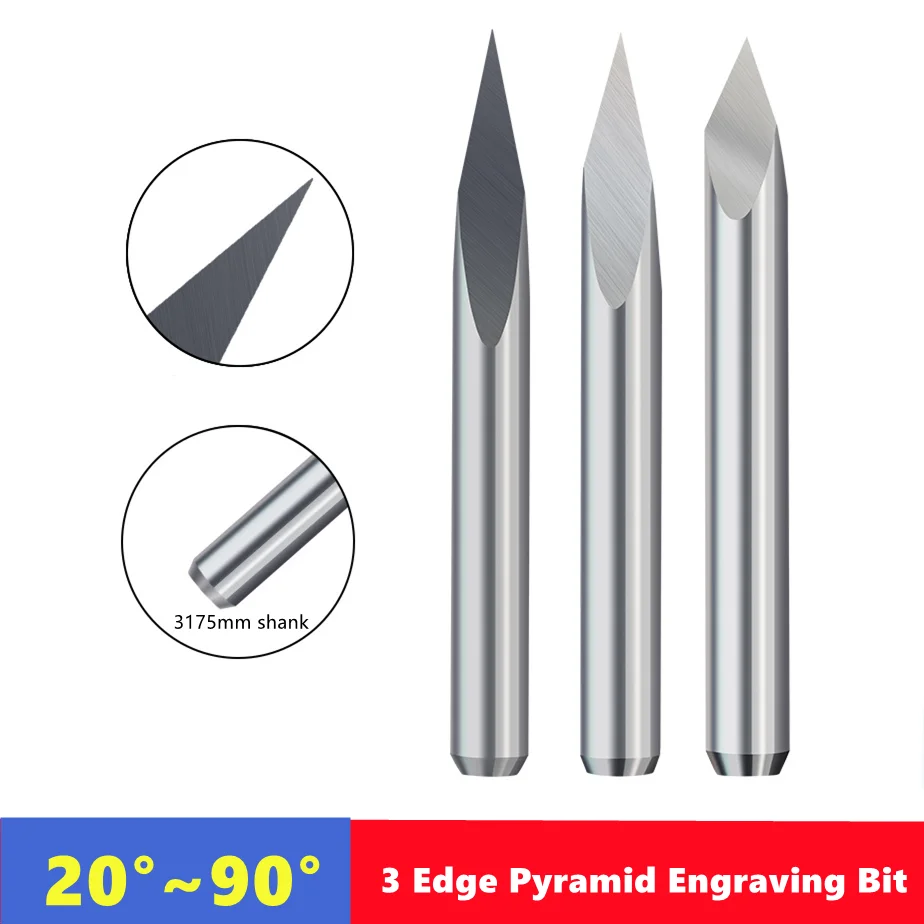 10pc Milling Cutter 3 Edge Pyramid Engraving Bit 3.175mm（1/8） Shank 20/30/40/45/60/90 Degrees CNC Router Bit Wood Milling Tool