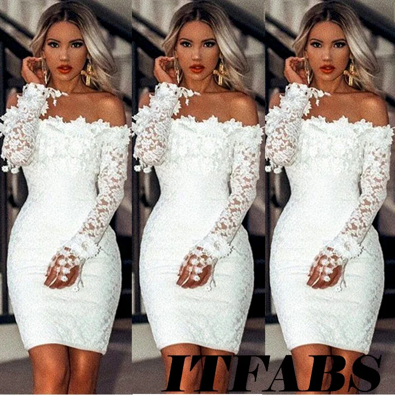 2024 Sexy White Lace Dress Long Sleeve Women Dress Bodycon Off Shoulder Lace Wedding Party Clubwear Evening Short Mini Dress