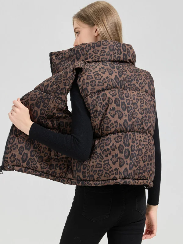 Herbst Winter Neue Sle frauen ort Svel Baumwolle Jaet Stehkragen unten Baumwolle Weste Leopard Print Biker Weste Wärme