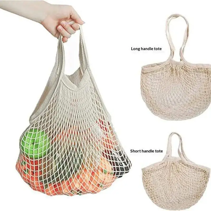 Eco Friendly Foldable Cotton Mesh Shopping Bag Handheld Reusable Tote for Supermarket Grocery Fruit Storage Outdoor Picnic Use