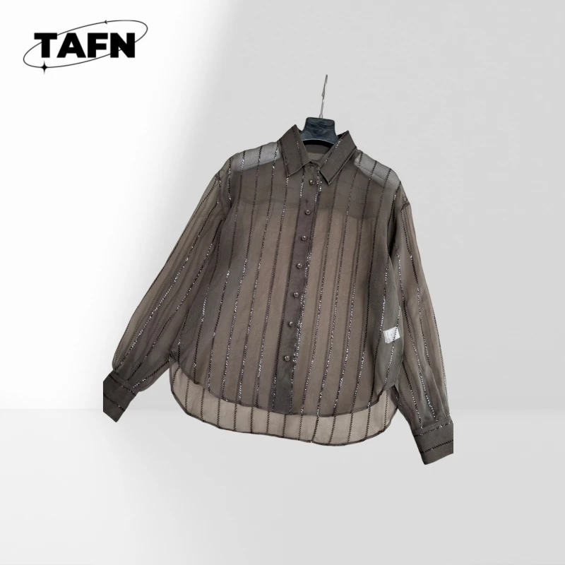 Luxury Sheer Mesh Striped Blouse Women Long Sleeve Elegant Chiffon Shirt Semi Transparent Lightweight Spring Summer Top AH1517