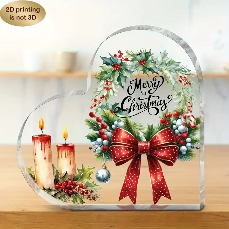 2D Flat, 1pc Heart-Shaped Acrylic Desktop Ornament - Merry Christmas Decoration with Red Berries, Holly Leaves - Elegant