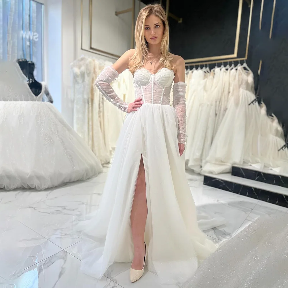 Sweetheart Collar Tulle Beaded Pearls A-line Wedding Dress for Women Pleated Backless Wedding Party Gown with Side Slit vestido