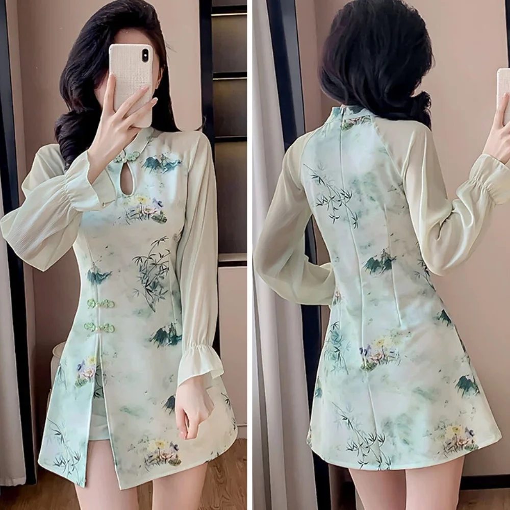 Autumn New Chinese Style Sweet Cheongsam Dress Two-Piece Set Improved Flower Dress with Shorts Elegant Women's Fashion Suit