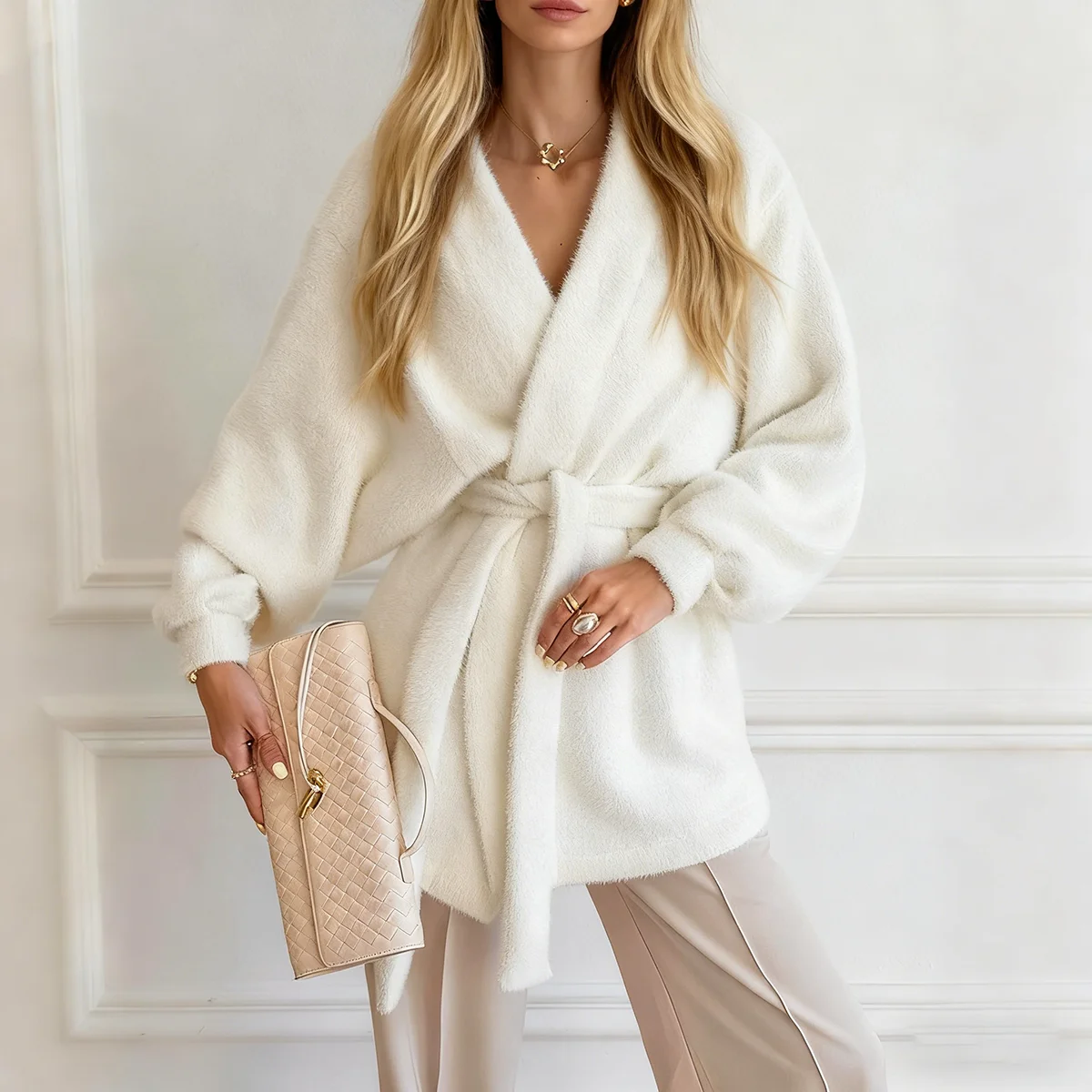

2026 Autumn/Winter White V-neck Long-sleeve Tie-waist Loose Casual Mid-length Coat Thick Warm Plush Cardigan Jacket Loose Coat