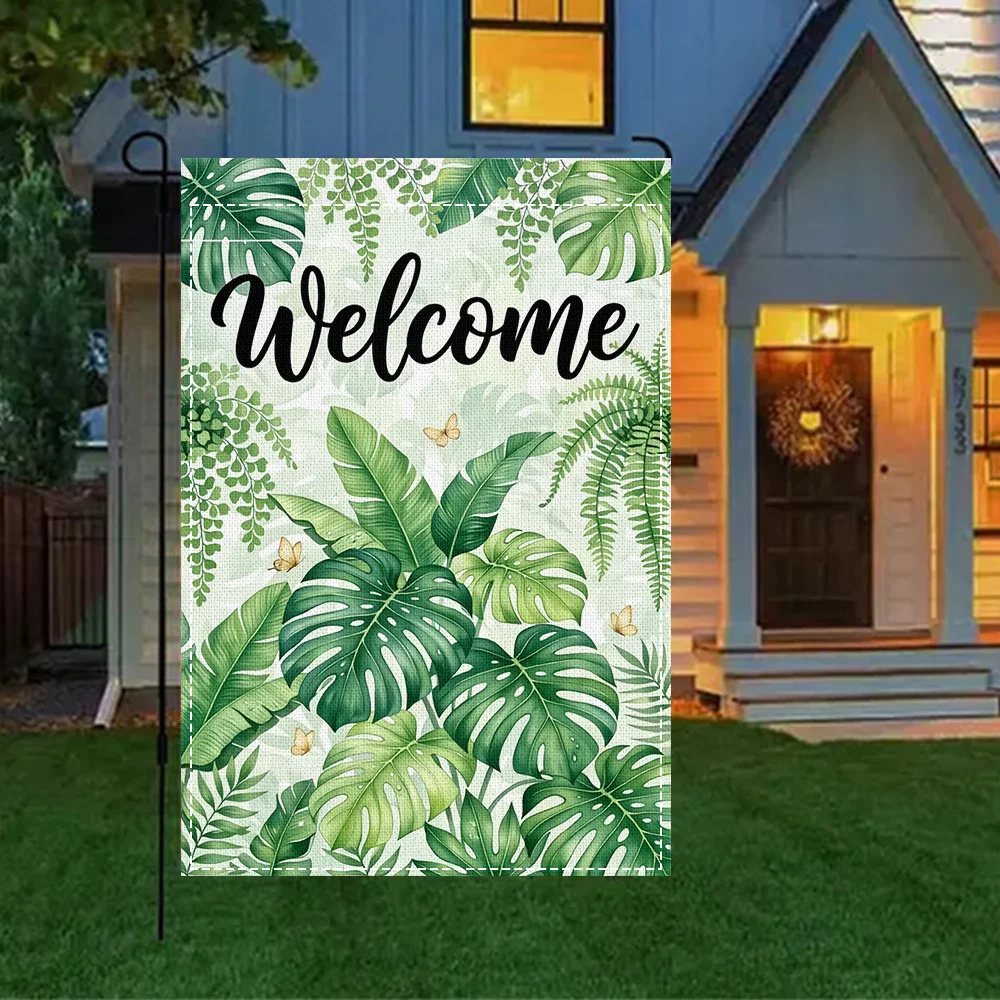 1PC Tropical Green Leaf Welcome Garden Flag, 2-sided print, suitable for patio and outdoor home decor (pole not included)