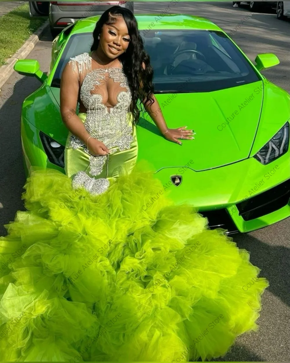 

Apple Green Prom Dresses Blackgirls Rhinestones Tassels Tulle Ruched Mermaid African Wedding Dress Black Girls Customized