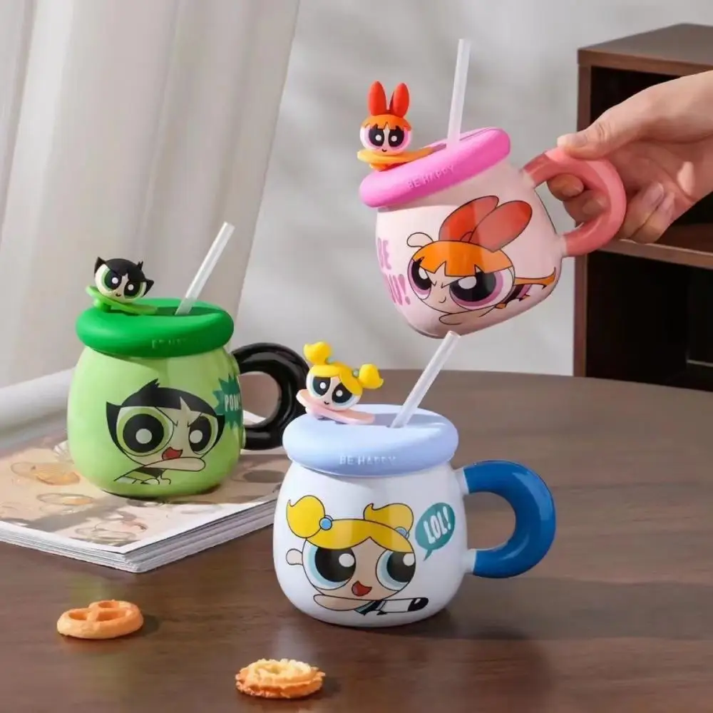 Kawaii The Powerpuff Girls Season Anime Hobby Blossom Buttercup Bubbles Cartoon Ceramic Mug Coffee Cup with Lid