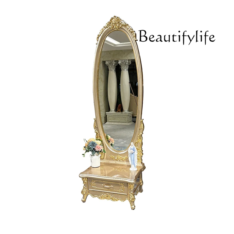 

French solid wood full-length mirror European luxury carved bedroom with drawers fashionable full-body floor makeup mirror