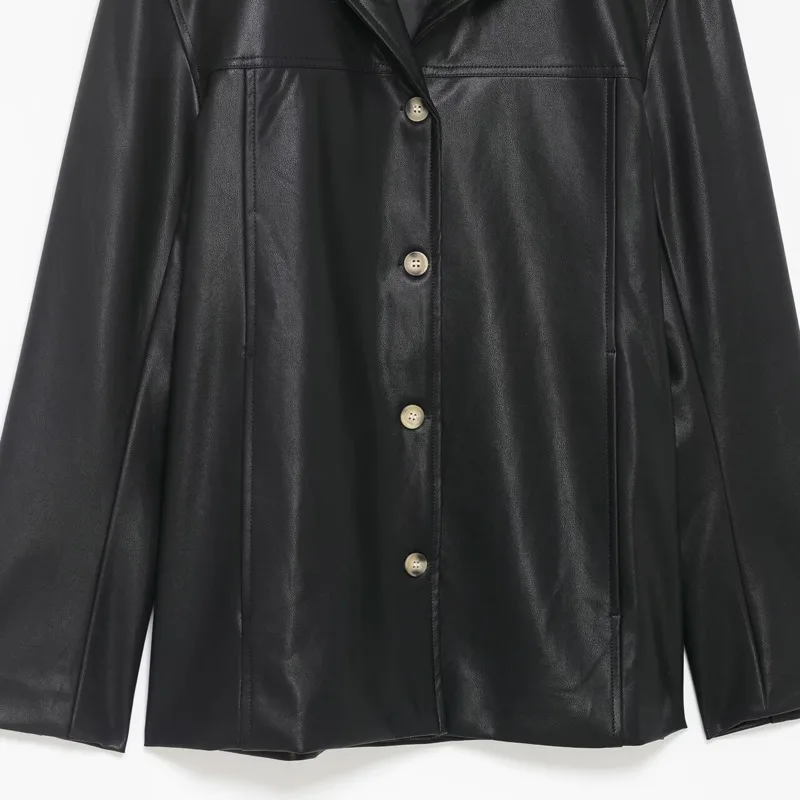 EAEOVNI Black Leather Women's Jacket Lapel Collar Long Sleeve Single Button Fashion Coat Outerwear 2026 New Clothing