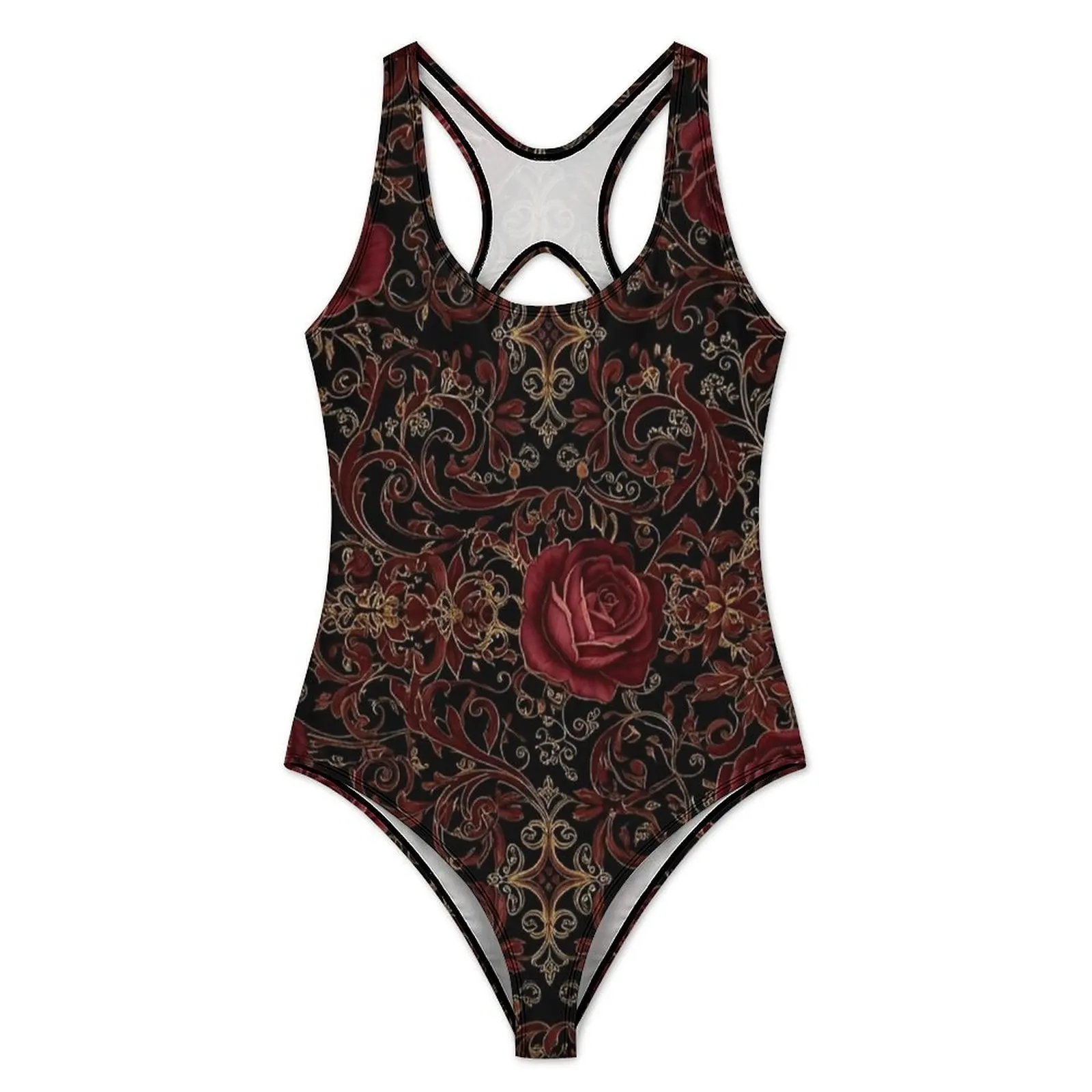 Gothic Burgundy Rose Vine Print Swimsuit  One Piece Swimwear Push Up Sweet Bathing Suit Sexy Holiday Pool Graphic Beachwear