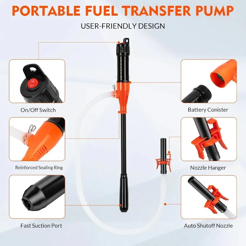 Transfer Pump: Battery Powered Electric Siphon Pump for Gas Diesel Water Transfer, 2.6 GPM Flow Oil Extractor, Hand Fuel Pump