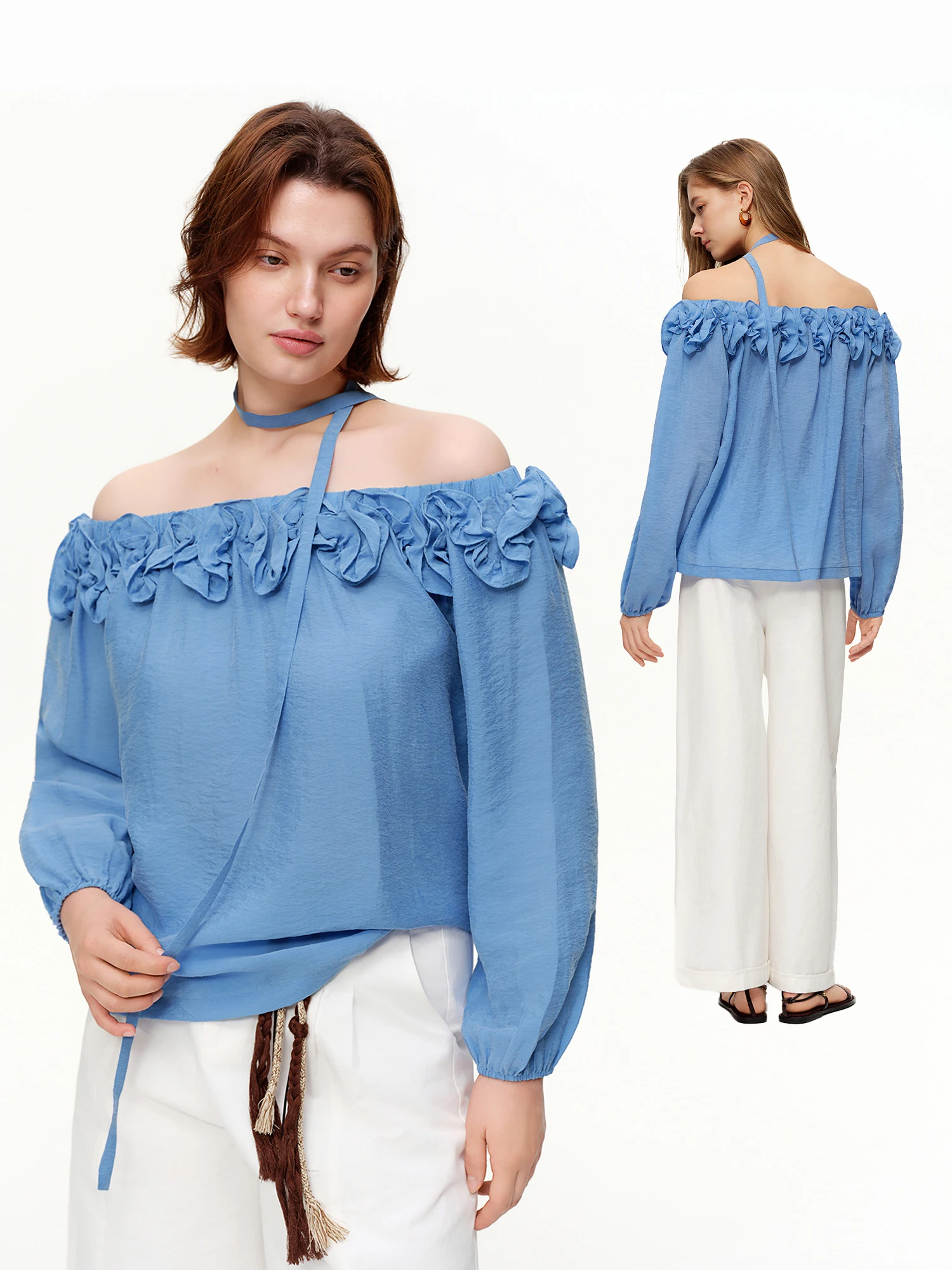 DUSHU 2026 Spring New Arrival Women's Off Shoulder Blouse, 3D Flounce Trim Cupro Top for Y2K Retro Soft Touch Style Chic Shirt