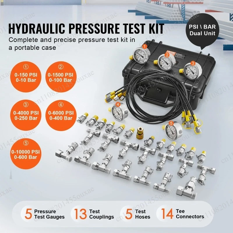 Hydraulic Pressure Test Kit VEVOR, Excavator Tractor Hydraulic Gauge Tester Set with Portable Carrying Case