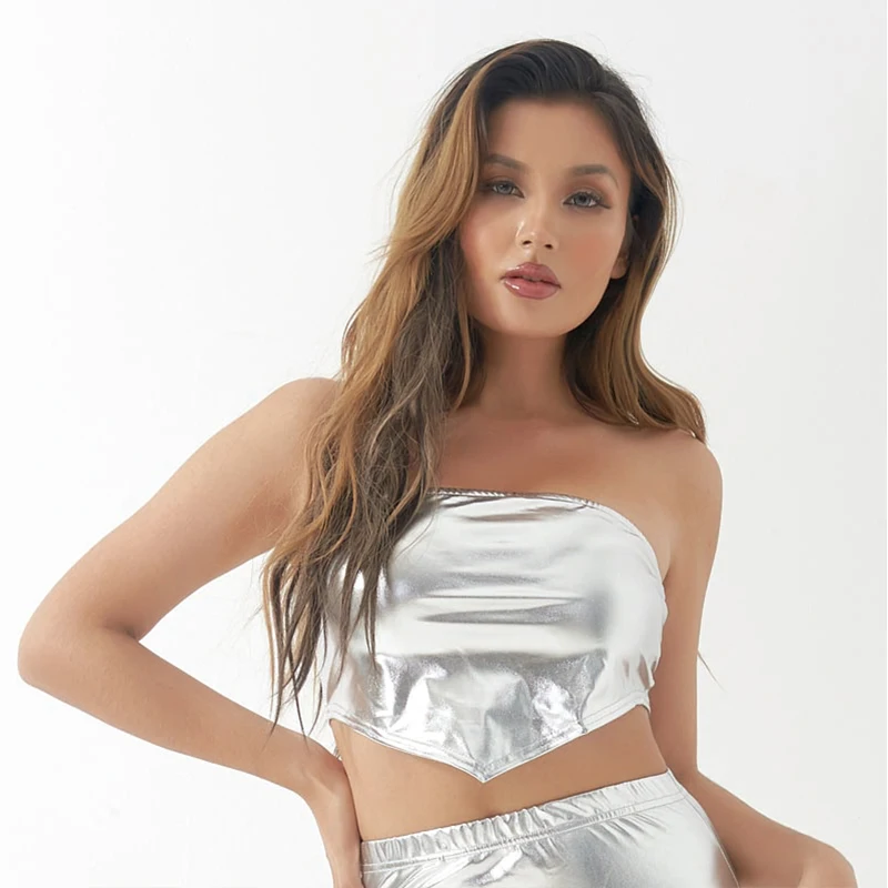 ผู้หญิงเซ็กซี่ Tube Tops เงา Strapless Crop Top Rave Bandeau Metallic Bra Tank เครื่องแต่งกายไม่มีรอยต่อ Pole เต้นรําเสื้อยืด Bras Clubwear