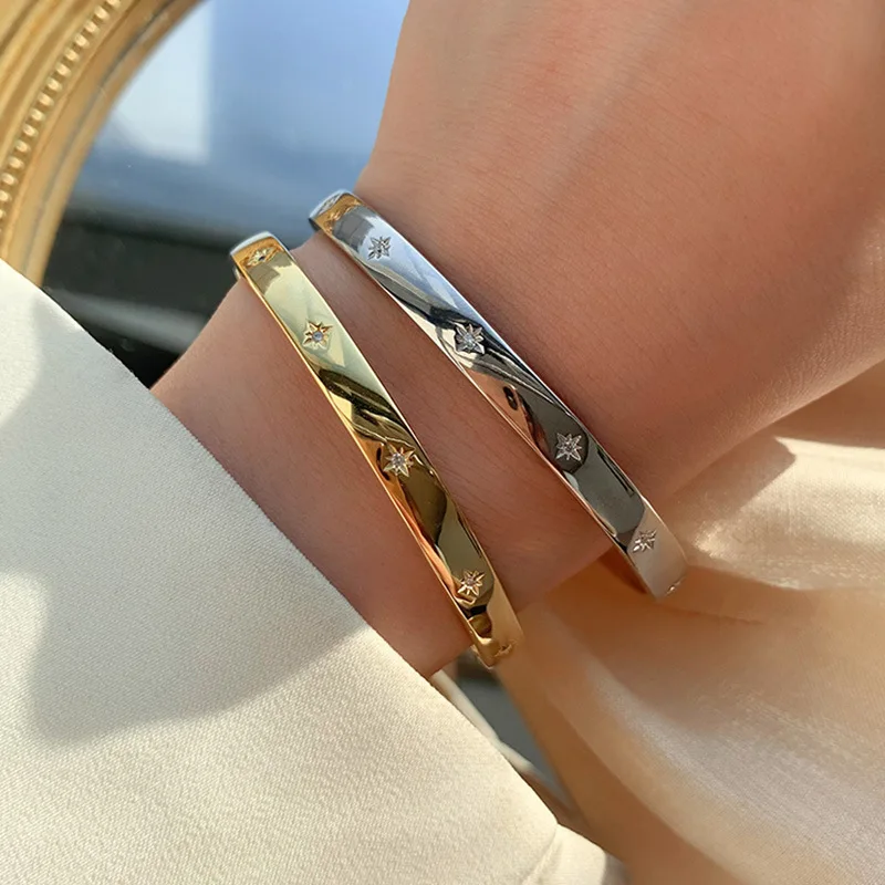 Exquisite Shining Star Zirconia Open Bracelet Fashionable Women\'s Cuff Bracelet Girls Trendy Party Jewelry Gift