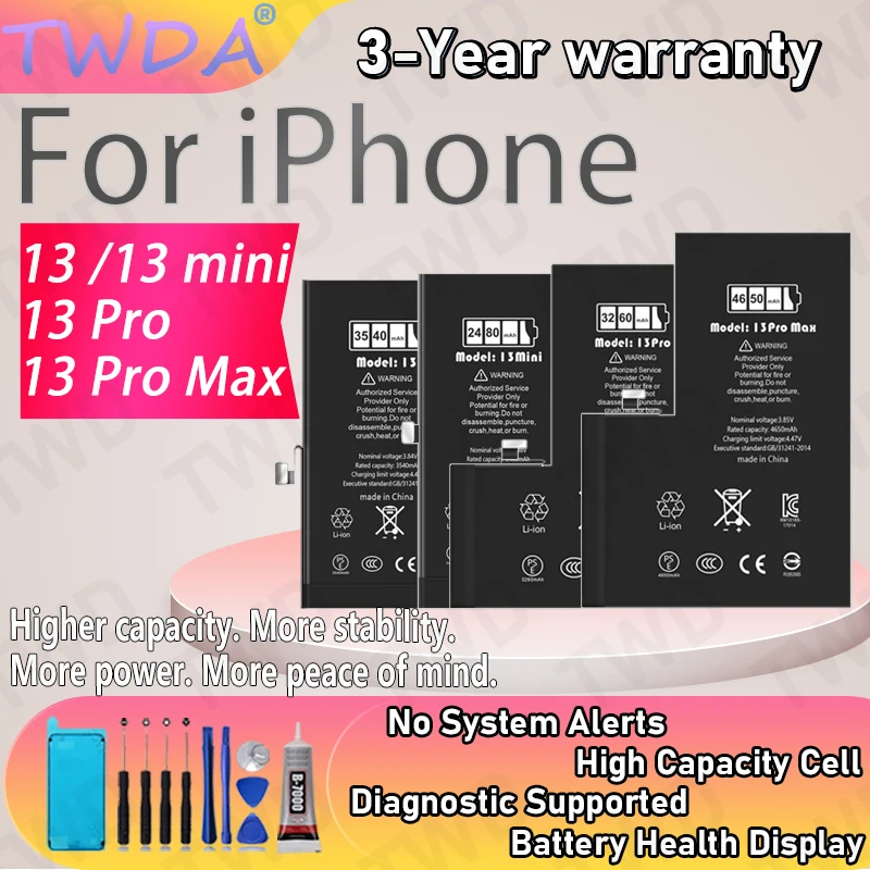 

High Capacity Battery with Diagnostics, Health Display, No Alerts For iPhone 13 mini 13 Pro Max Series +Free Tools