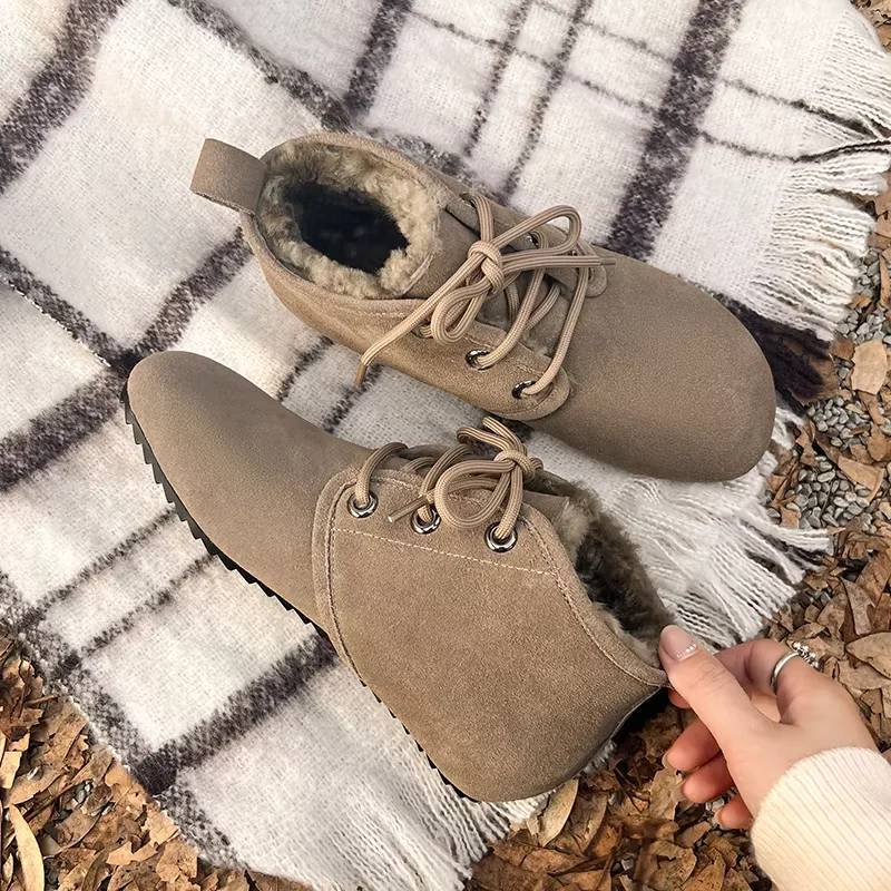 Women Fur Flats Cowsuede Roound Toe Loafers Women Winter Shoes Warm Casual Mules Korea Style Fluffy Simple Shoes