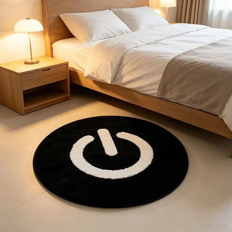 Water Absorbent Thick Fluffy Power Button Round Rug Quick Dry Bath Mat Cool Black White Contrast Ins Home Decor Floor Mat