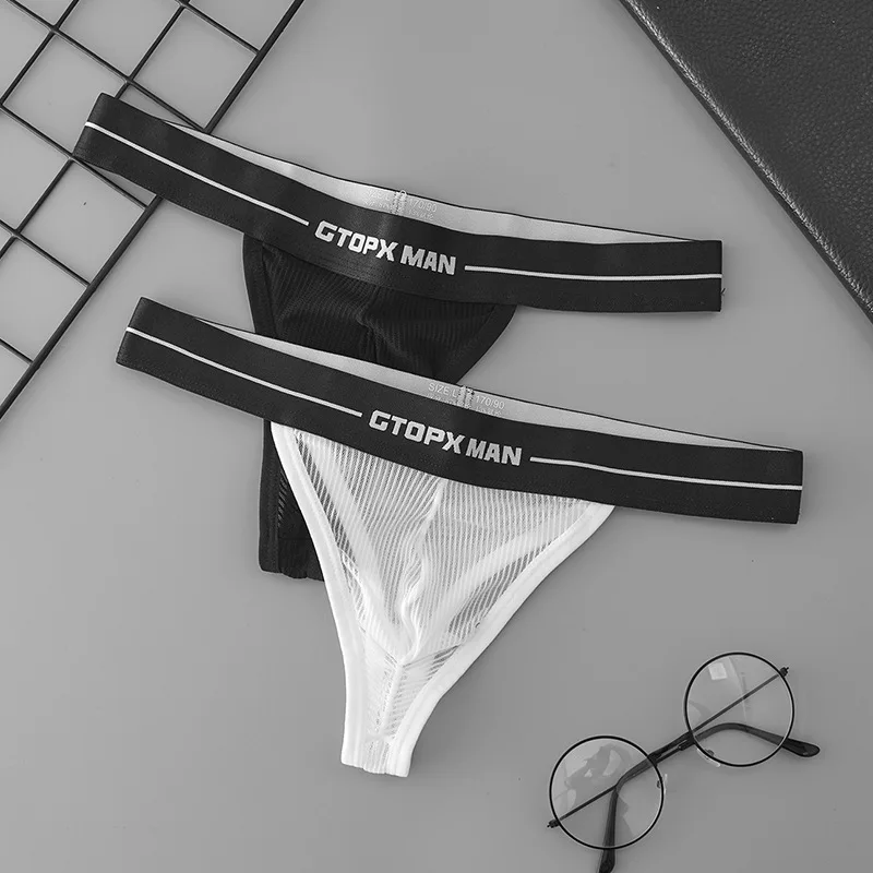 Men's Sexy Underwear Mesh Striped Panties Low-Rise Ice Silk Thongs G Strings Summer String Bikini U Convex Pouch Underpants