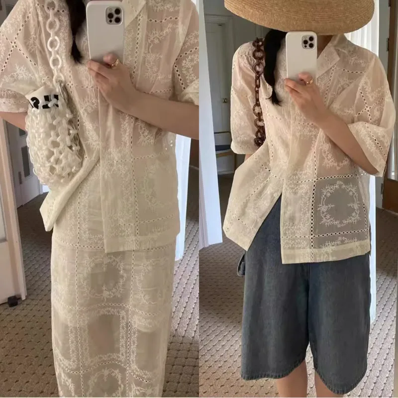 

Hollow-Out Embroidered Crochet Short-Sleeved Blouse High-Waisted Skirt With Elastic Waistband Summer Fashion Women's 2 Piece Set