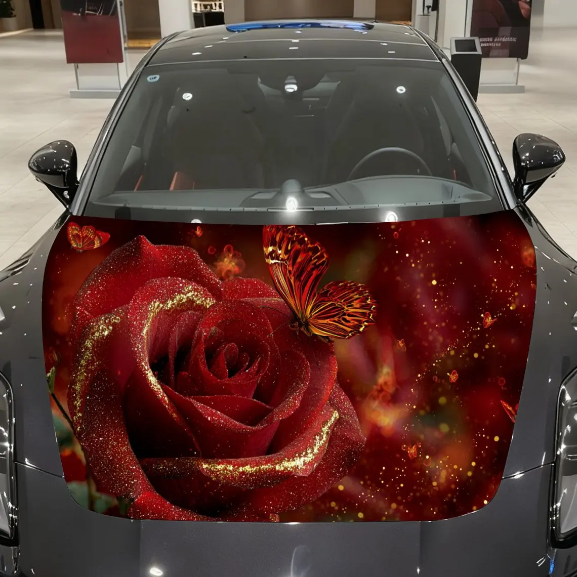 Red Rose Butterfly Dance in Golden Dream Car Vinyl Wrap, PVC Material Waterproof Car Hood Sticker, Self-Adhesive Scratch-Resista