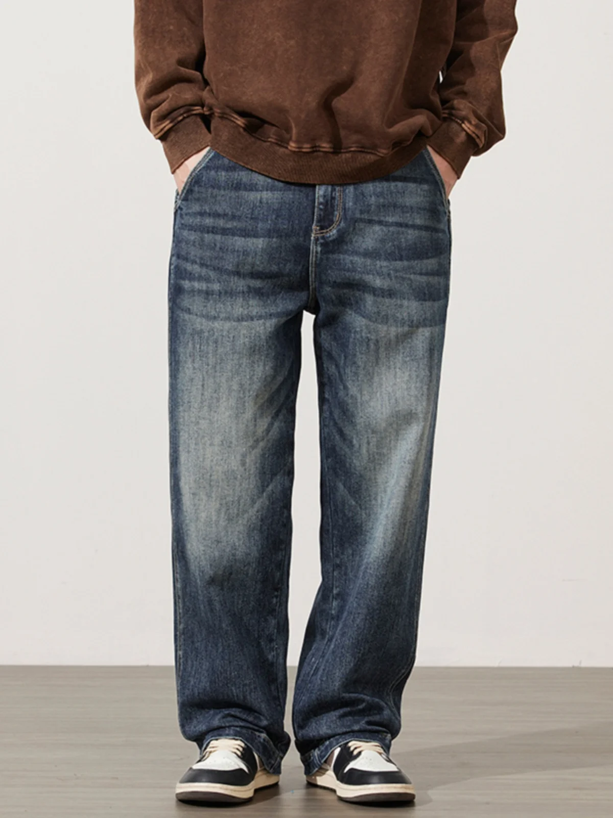 

Retro Washed Men's Loose Straight Leg Jeans American Street Long Pants Casual Floor-Length Spring Autumn Wear Resistant