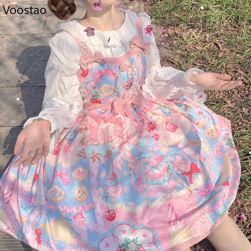 Giapponese Kawaii Lolita Jsk Dress donna dolce Cartoon Print senza maniche Party bretella abiti ragazze carino Y2k Bow Princess Dress