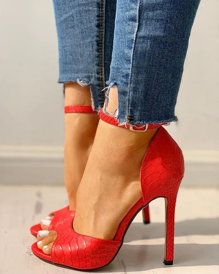 

2023 Summer Women High Heel Sandals Solid Open-toe Stiletto Ankle Strap Temperament Female Shoes Sexy Red Black Sandalias Mujer