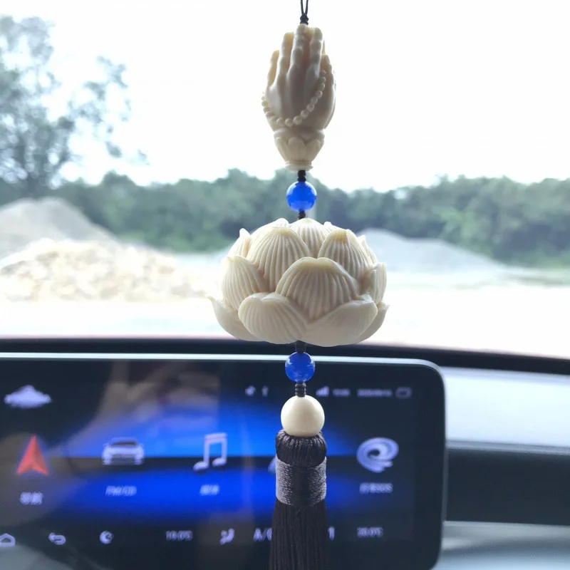 

Ivory Nut Carved Lotus Automobile Hanging Ornament Car Accessories Car Rearview Mirror Pendant Creative Car Accessory Wholesale