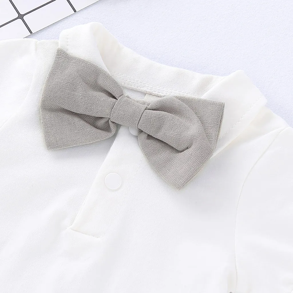 0-24 Months Baby Boy Outfits Gentlemen Suit Wedding Party Set Lapel   Romper with Bow Tie+Suspender Shorts 2PCS Summer Wear