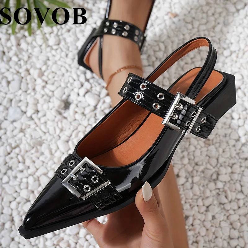 

New Summer Metal Rivet Decorative Square Heel Sandals Women's Simple Slingbacks Pointed Toe Sandalias Versatile Single Shoes