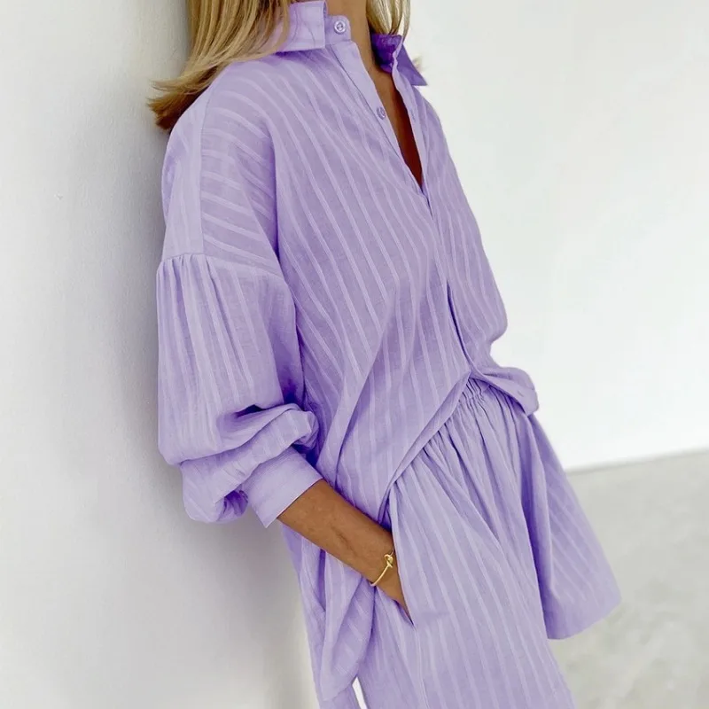 European and American Temperament Shirt Jacquard Women's Clothing Striped Bubble Sleeve Shorts Commuter Design Sense Casual Suit