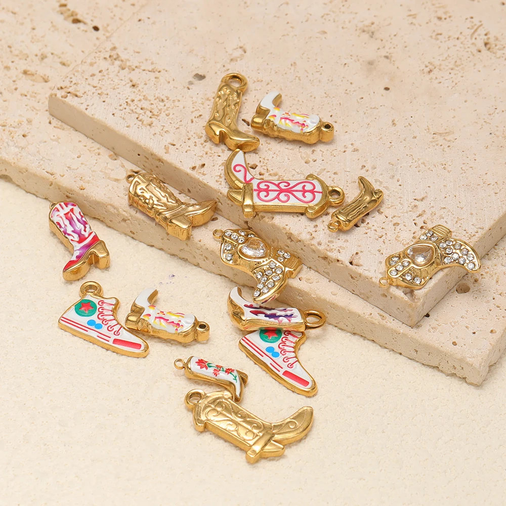 4 Stück Edelstahl-Emaille-Schuhanhänger mit Zirkonia, Halskettenanhänger für DIY-Schmuckherstellung, Armbänder, Fußkettchen und Accessoires – Detail 1