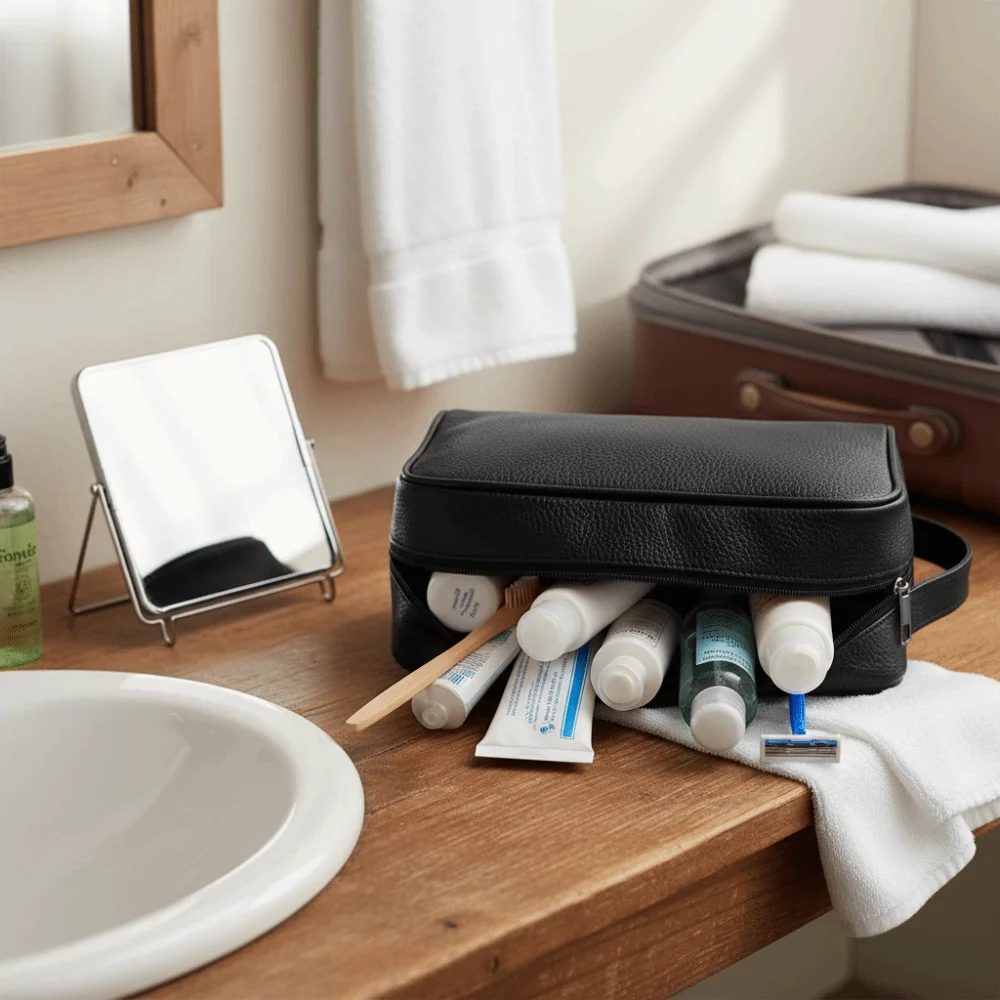 Fashion Large Capacity Leather Cosmetic Bags PU Handheld Travel Toiletry Bag Washable Zipper Closure Makeup Bag Men