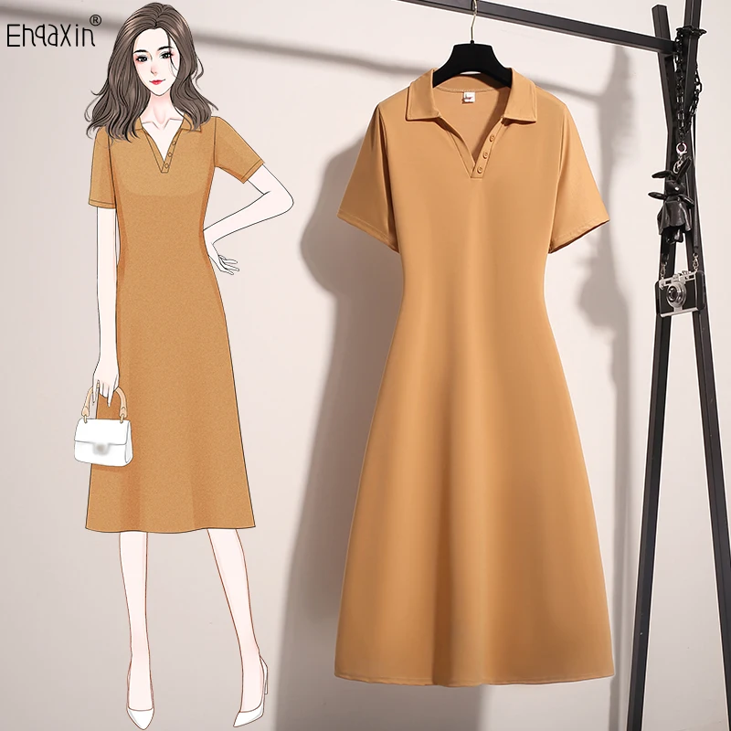 

EHQAXIN 2022 Summer Ladies Dress Fashion Loose Mid Length POLO Collar Shirt Buttons Short Sleeve Dresses For Womens M-4XL