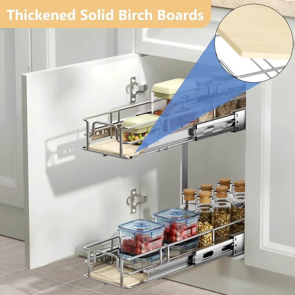 منظم خزانة قابل للسحب مع أرفف خشبية منزلقتين لحلول تخزين المطبخ #2