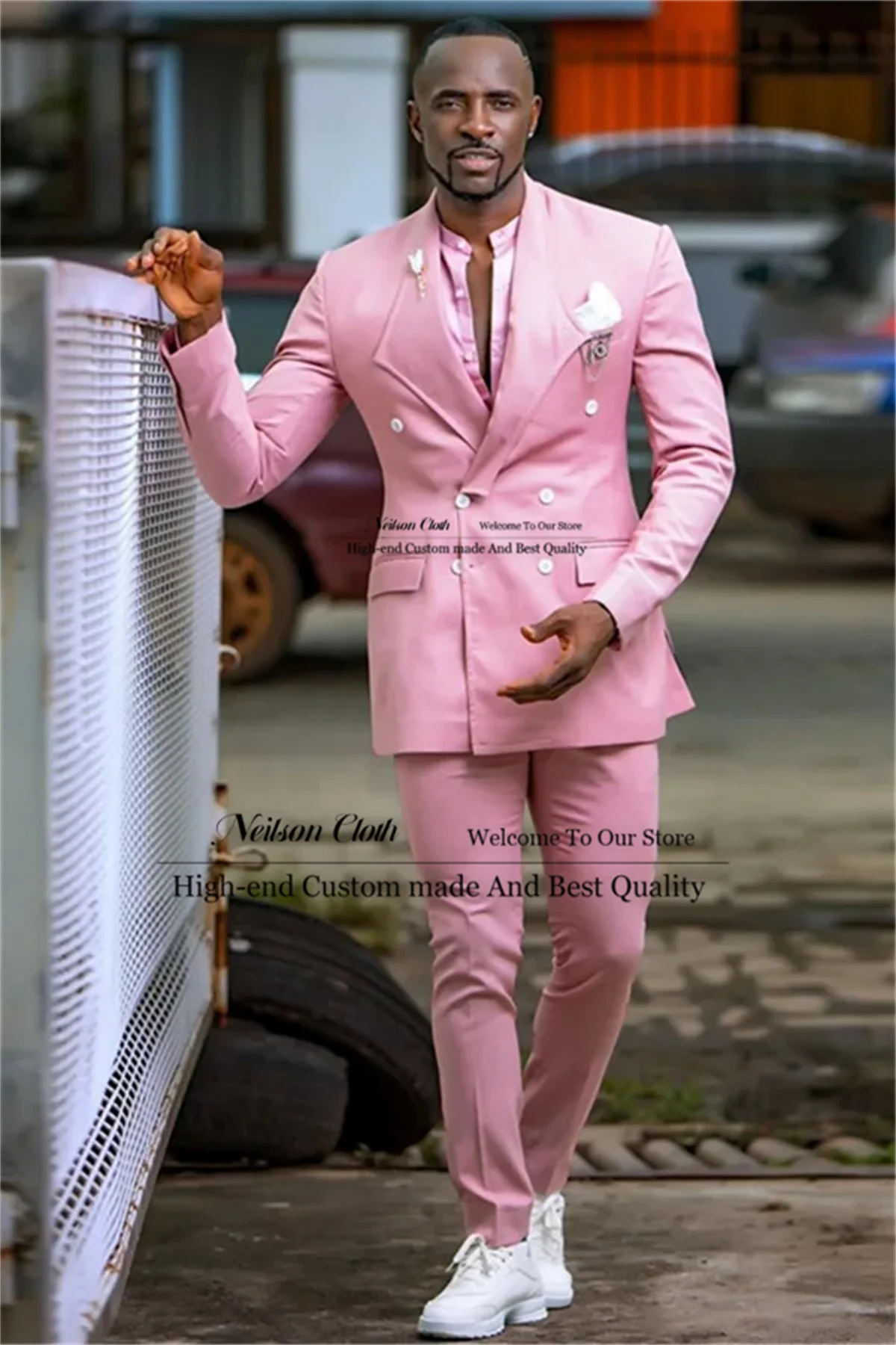 

Fashion Pink Male Prom Blazers 2 Pieces Sets Double Breasted Groom Wedding Tuxedos Customized Groomsmen Slim Fit Terno Masculino