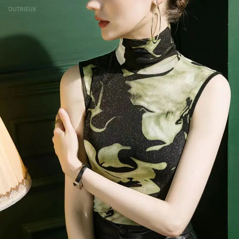 Korean Tanks Women's Clothing Turtleneck Sleeveless Tunic Temperament Camis Print Fashion Gauze Vintage Vest 2026 Ropa Mujer