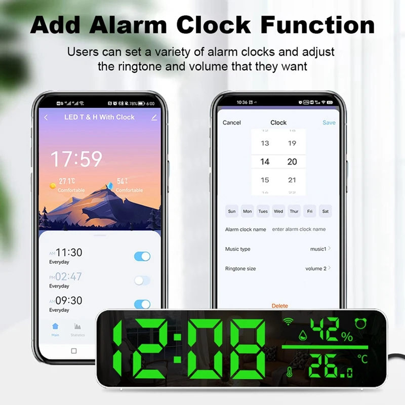 Tuya Wifi Temperature And Humidity Alarm Clock Multi-Function LED Digital Clock For Living Room, Farmhouse, Office