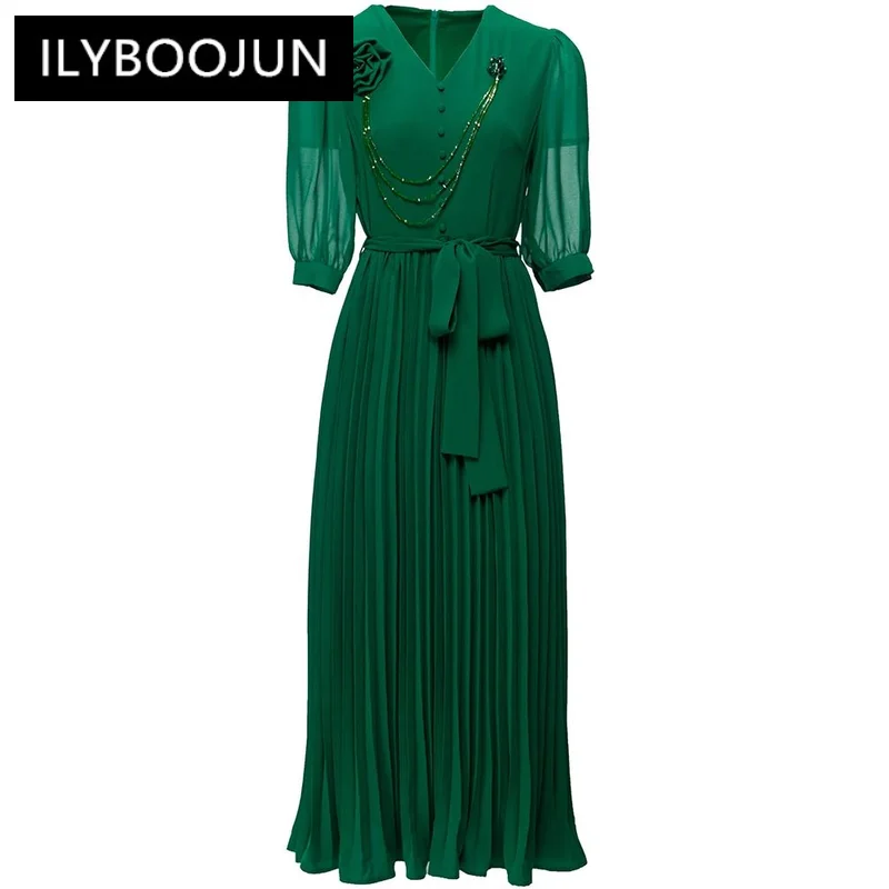 

ILYBOOJUN Fashion Designer Summer Dress Women's V-Neck Beading Draped Belted High waist Solid green Pleated Midi Dresses