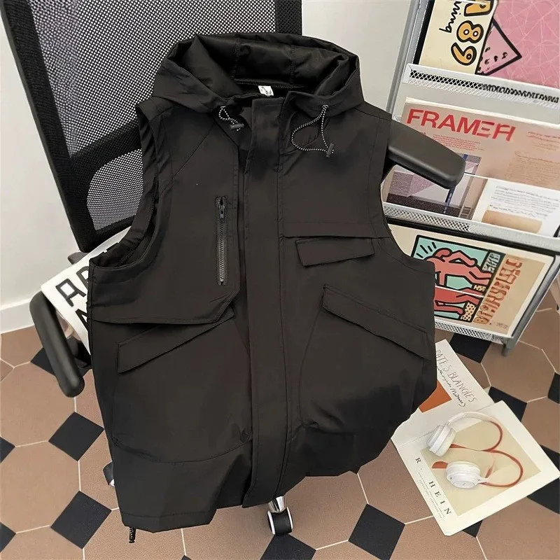 Mountain-style outdoor sleeveless vest for men, summer functional multi-pocket work vest, American loose hooded jacket