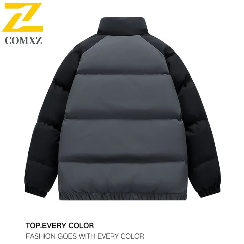 COMXZ Men Padding Coat Stand Collar Cold Proof Winter Jacket Color Block Windproof Zipper Pocket Casual Thickened Outerwear