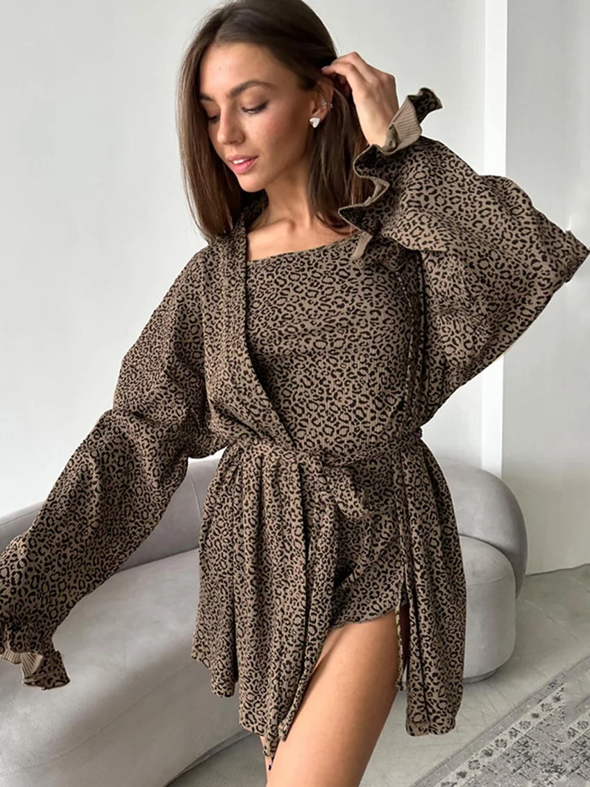 

Marthaqiqi Leopard Print Female Pajamas Suit Sexy V-Neck Long Sleeve Robe Tank Tops Sleepwear Shorts Casual Nightie 3 Piece Sets