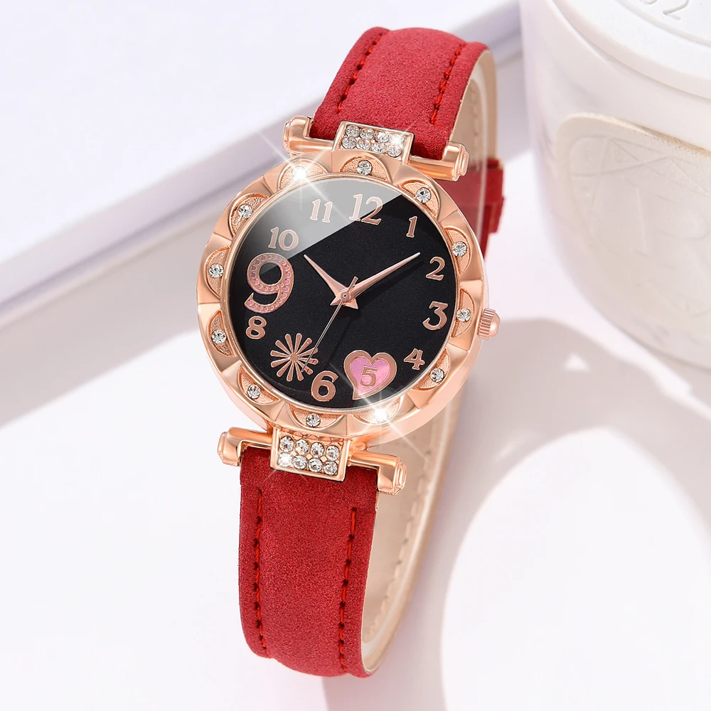 6pcs/Set Red Women Watch Fashionable Minimalist Dial Quartz Wristwatch Alloy Wheat Ear Element Watch Jewelry Set Gift For Her