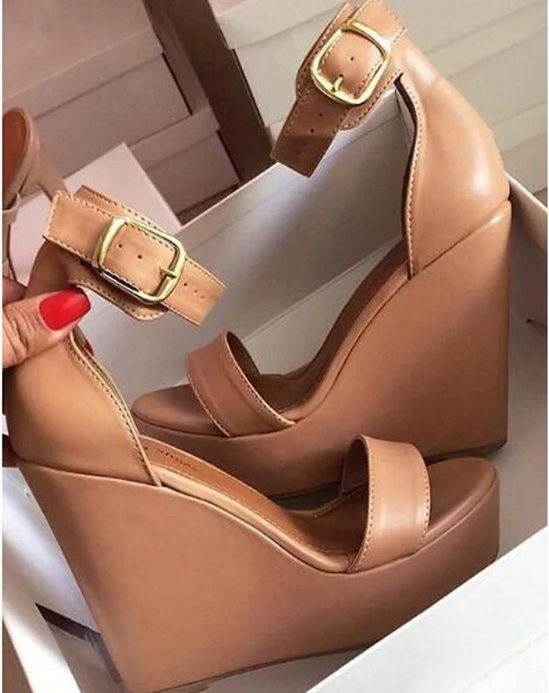 Nude Leather Women Wedge Sandals Open Toe Ankle Strap High Platform Summer Sandals Shoes Cut-outs Thin Heels Dress Shoes