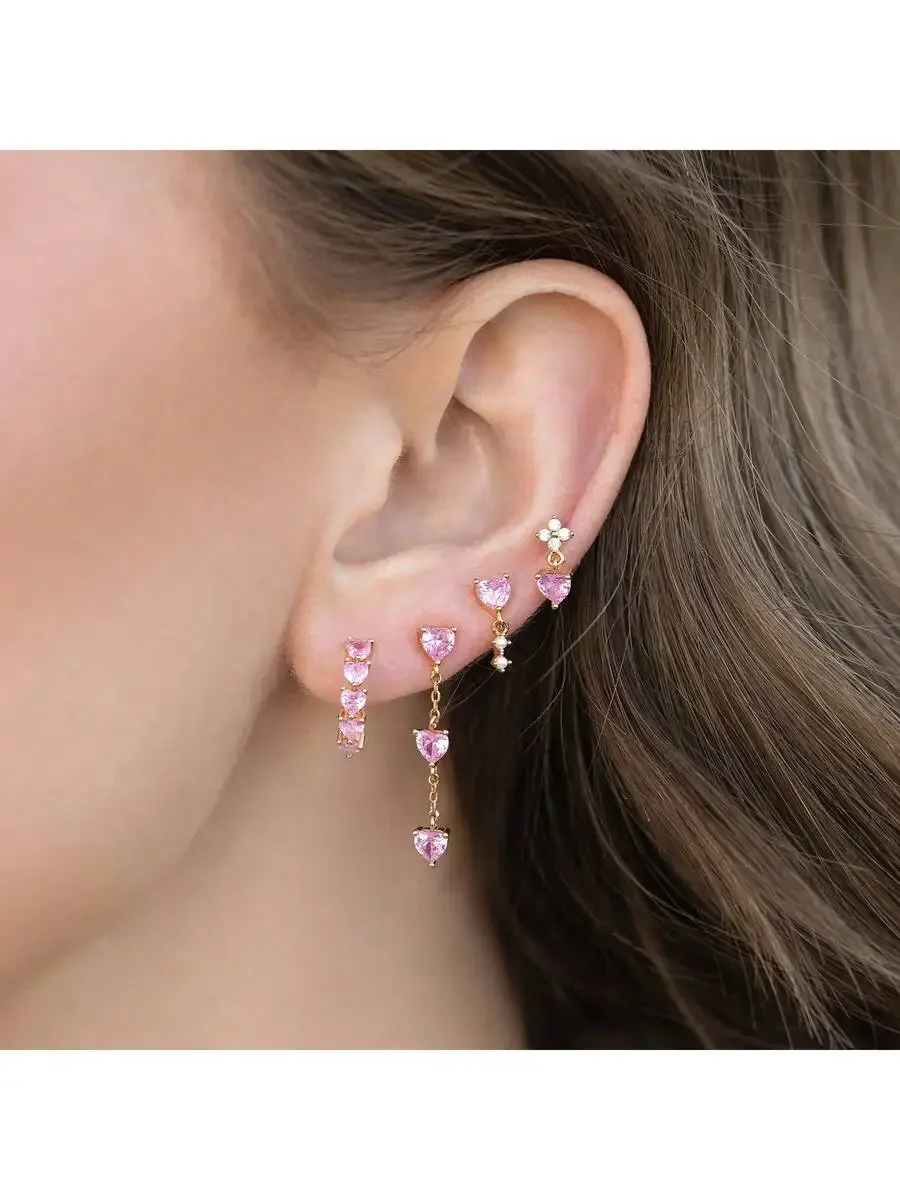 

4-Piece Pink Heart Stud Earrings Set With Flower And Dangling Hearts