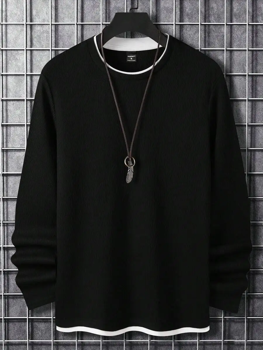 

Мужской черный трикотажный пуловер с длинными рукавами и контрастной отделкой