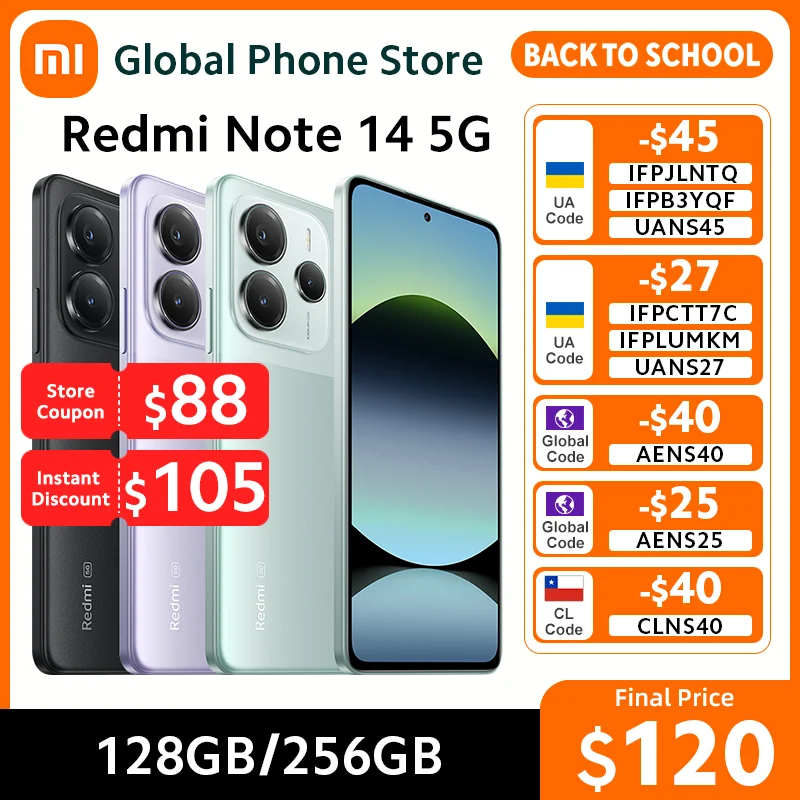 샤오미 레드미 노트 14 5G 스마트폰 글로벌 버전 5110mAh 배터리 NFC 108MP 카메라 MTK 디멘시티 7025-울트라 45W 터보 충전